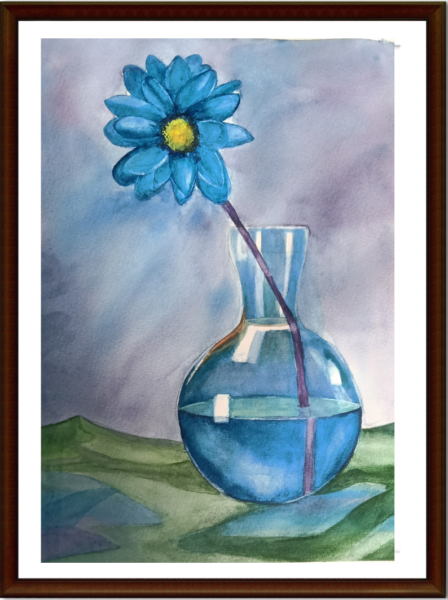 Blue Flower and Glass Vase Handmade Painting Print With Frame (A4 Size)