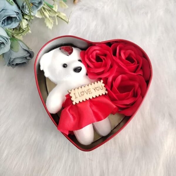 Riyasthya Heart-Shaped Gift Box with White Teddy and Red Roses – Perfect for Valentine’s Day, Teddy Day, or Rose Day